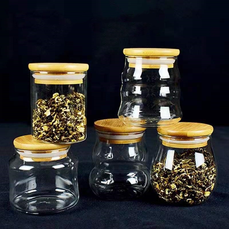 Matirano staklena posuda s poklopcem od bambusa za kućnu pohranu hrane, mini posuda za čaj i suhe namirnice, nepravilnog oblika, kapacitet 301–500 ml