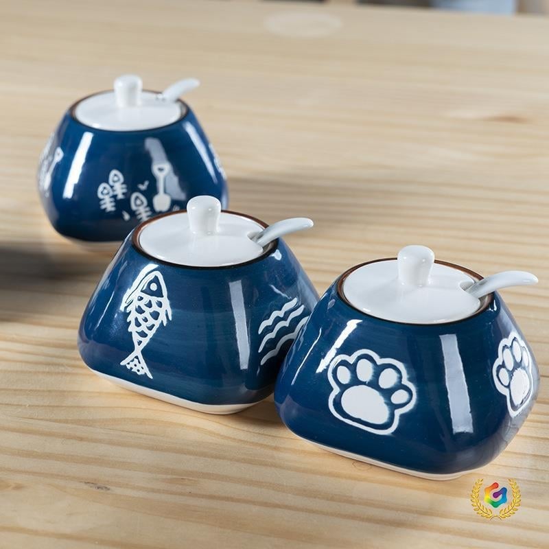 Keramički set začina s glaziranom završnom obradom, japanski stil posuda za začine sa žličicom, trodjelni set: posuda za sol i posuda za šećer za kuhinju