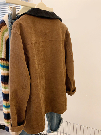 Ženski corduroy sako s color-blockom i polo ovratnikom, slobodan kroj, jesen-zima