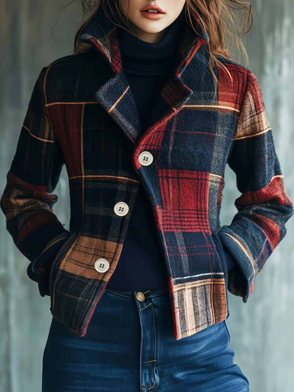 Ženski kratki karirani sako s gumbima, dugim rukavima, poliester, elegantan gradski stil