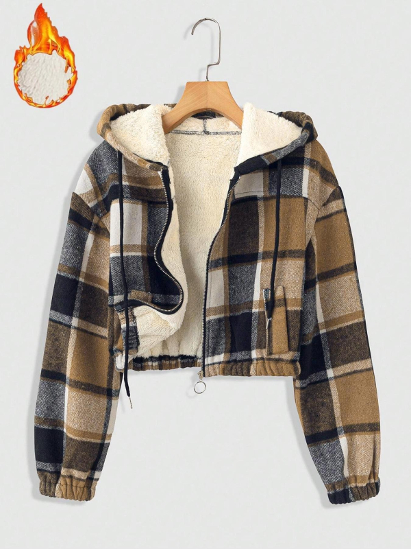 Ženska jakna s kapuljom, karirani uzorak, zip, plišasta podstava, casual euro‑američki stil