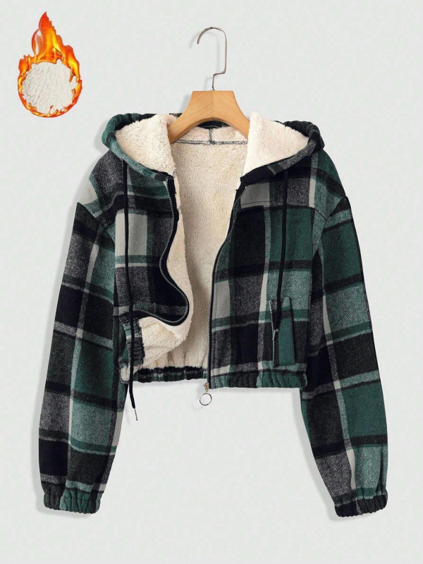 Ženska jakna s kapuljom, karirani uzorak, zip, plišasta podstava, casual euro‑američki stil