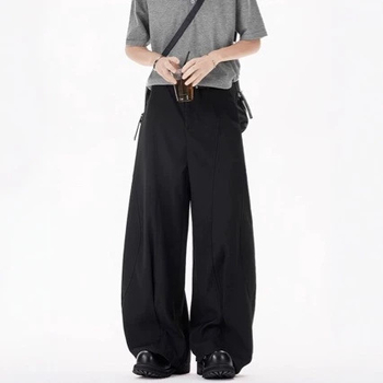 Pantaloni largi unisex, cu siluetă deconstruită și croială în formă de sabie, stil casual drapat, calitate superioară, atmosferă old-money