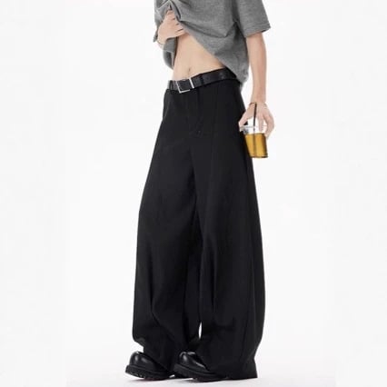 Pantaloni largi unisex, cu siluetă deconstruită și croială în formă de sabie, stil casual drapat, calitate superioară, atmosferă old-money