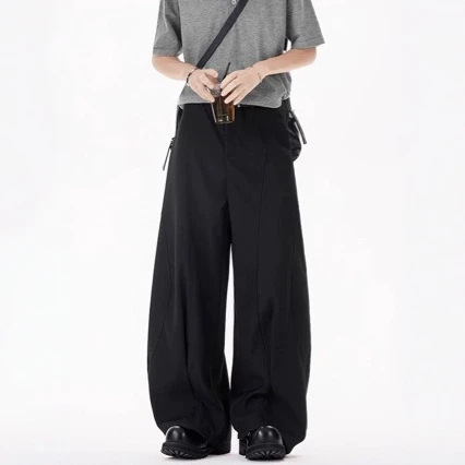 Pantaloni largi unisex, cu siluetă deconstruită și croială în formă de sabie, stil casual drapat, calitate superioară, atmosferă old-money