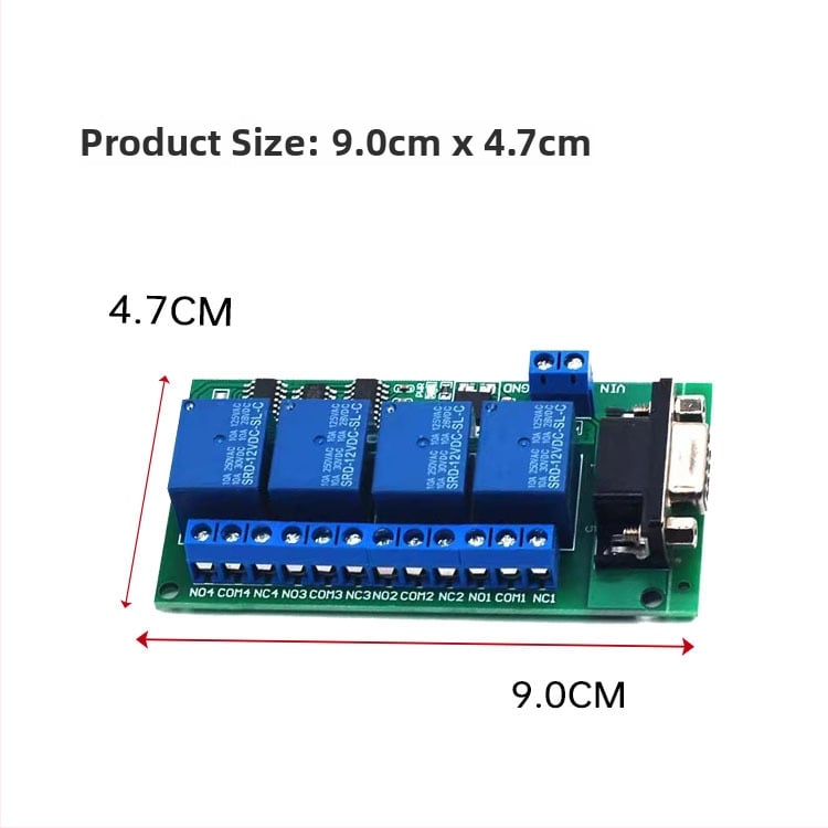 4-kanálový RS232 DB9 relé modul na diaľkové ovládanie motorov garáže a vozidiel