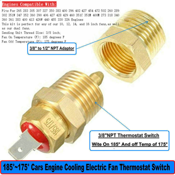 Termostat za električni ventilator hlađenja motora, NPT 3/8 inča, temperaturni prekidač, 185°-175°