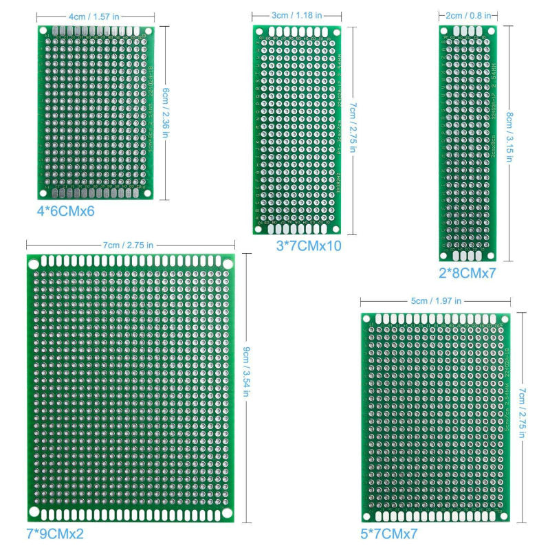 Set od 32 dvostrane PCB pločice za učenje, dimenzije 2×8 cm, 3×7 cm, 4×6 cm, 5×7 cm, 7×9 cm