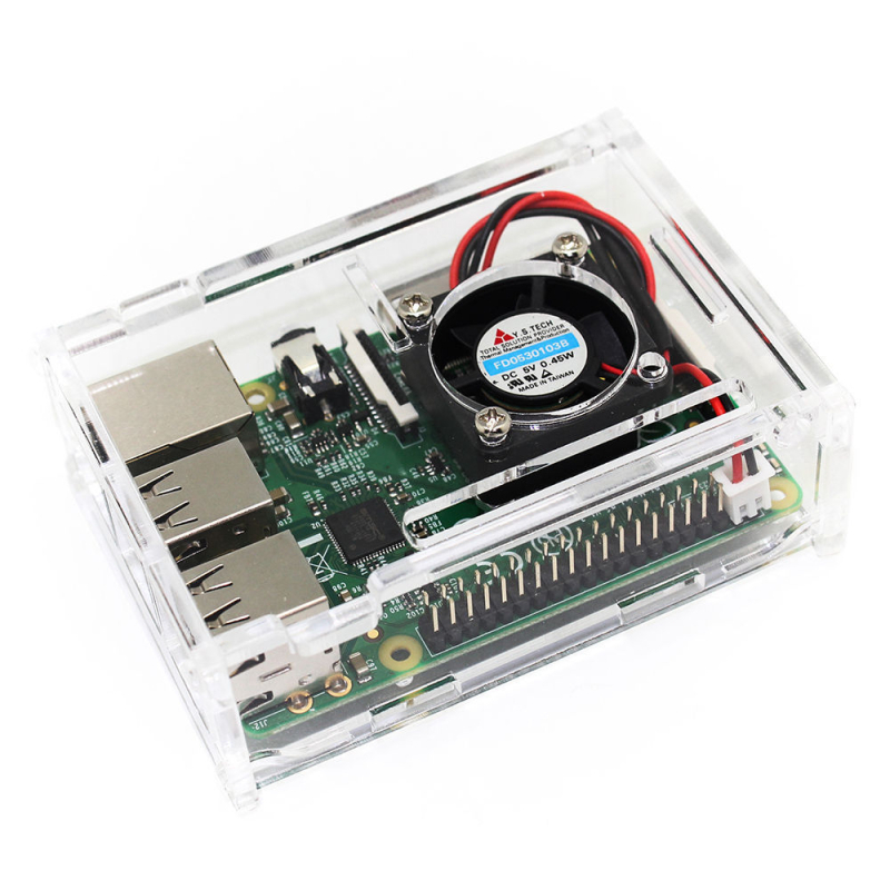 Акрилен шестчастен сглобяем корпус за Raspberry Pi 2/3 Model B+, съвместим с монтаж на охладителен вентилатор.