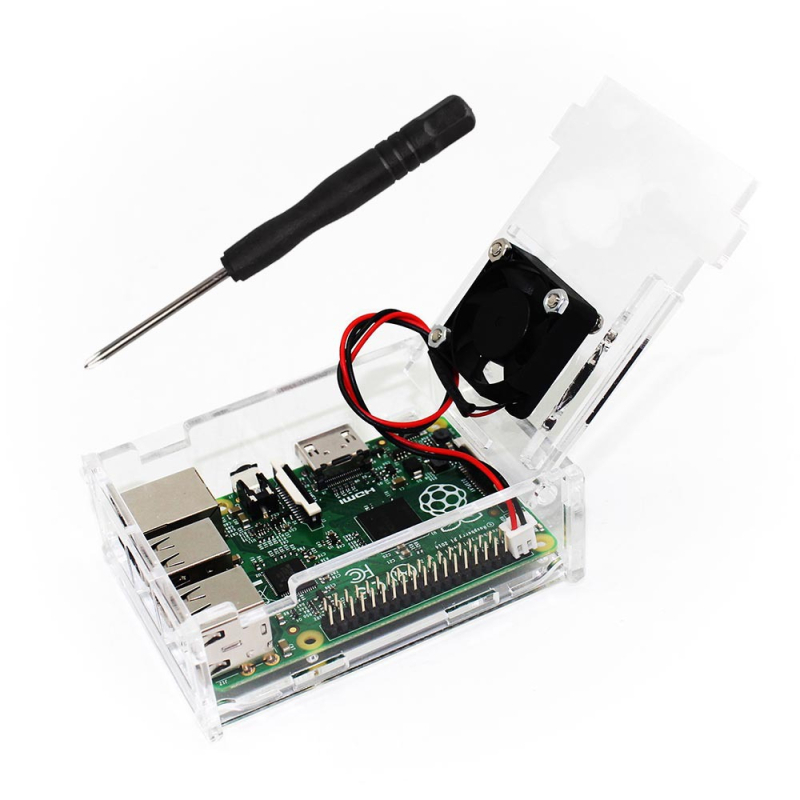 Акрилен шестчастен сглобяем корпус за Raspberry Pi 2/3 Model B+, съвместим с монтаж на охладителен вентилатор.