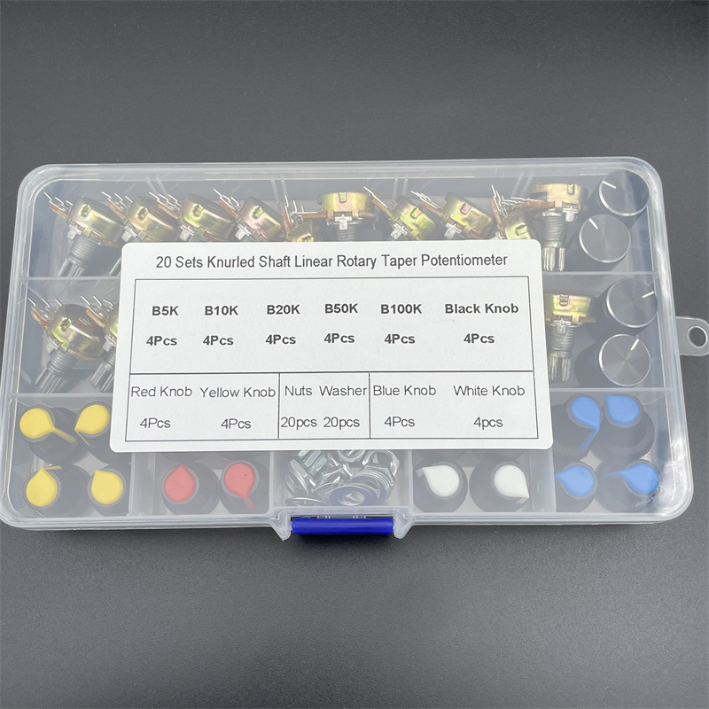 20 kom WH148 potenciometar prekidač s kapicom, u kutiji, 15 mm, B5K/20K/50K/100K