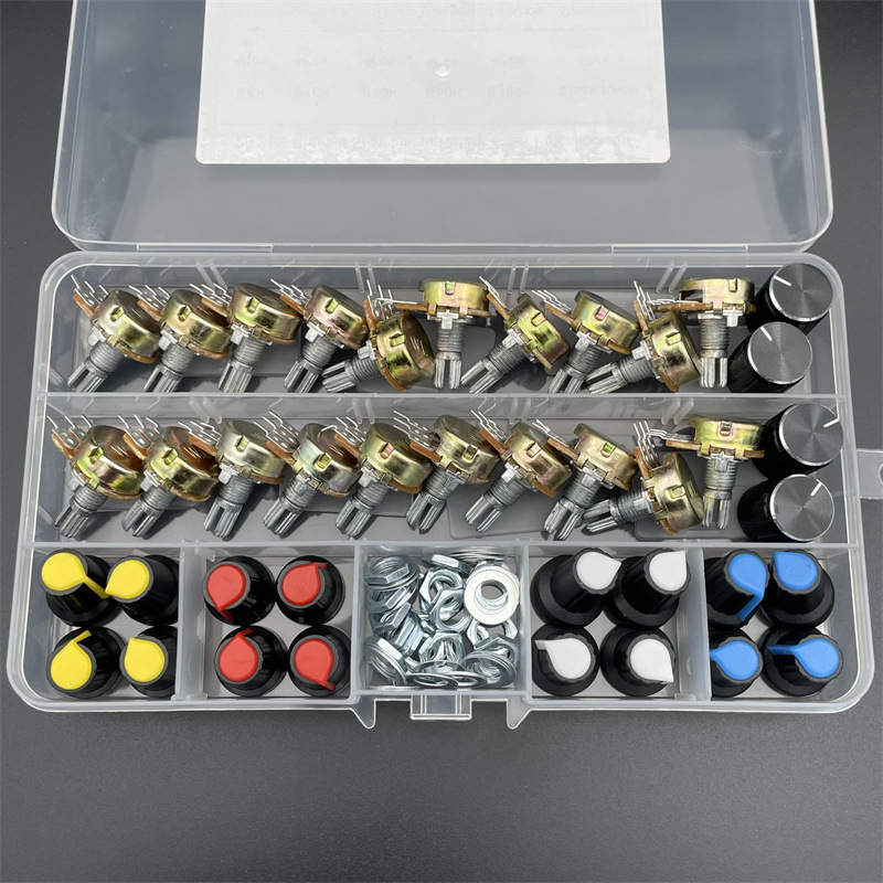 20 kom WH148 potenciometar prekidač s kapicom, u kutiji, 15 mm, B5K/20K/50K/100K