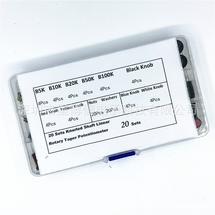Set od 20 potenciometara WH148 (B5K, 10K, 20K, 50K, 100K) uz 20 kapica za gumbe