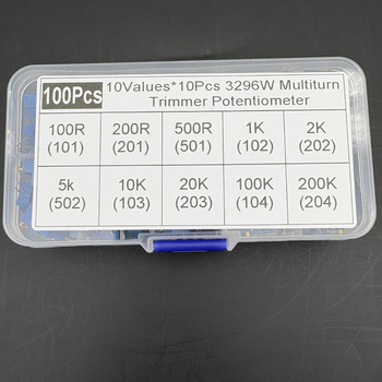 100 komada višestrukih prilagodljivih potenciometara s 10 različitih vrijednosti otpora (po 10 komada svake vrijednosti), 3296W precizni prilagodljivi potenciometri, set u kutiji