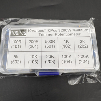 100 komada višestrukih prilagodljivih potenciometara s 10 različitih vrijednosti otpora (po 10 komada svake vrijednosti), 3296W precizni prilagodljivi potenciometri, set u kutiji