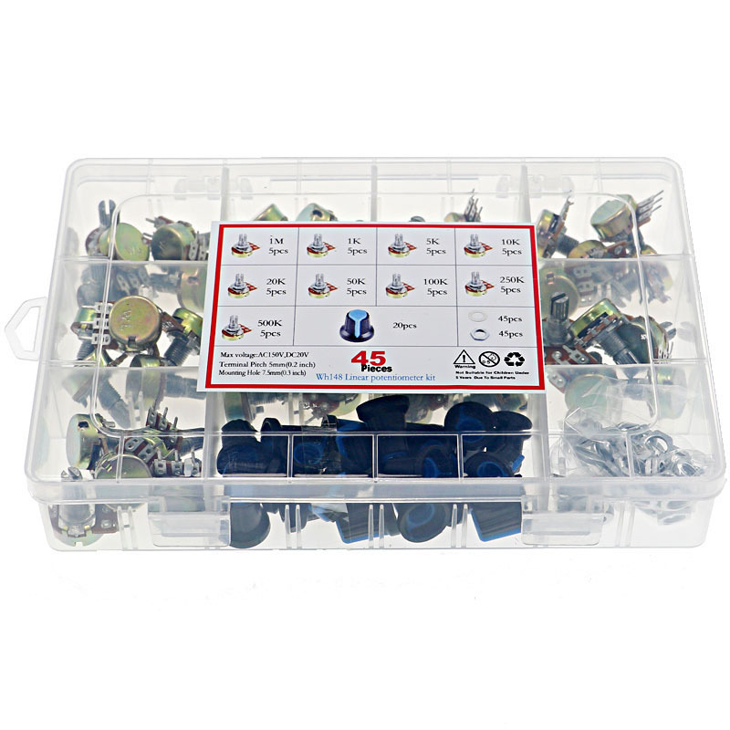 45-dijelni set jednoslojnog potenciometra s gumbom (B1K, 5K, 10K, 20K, 50K, 100K, 250K, 500K, 1M)