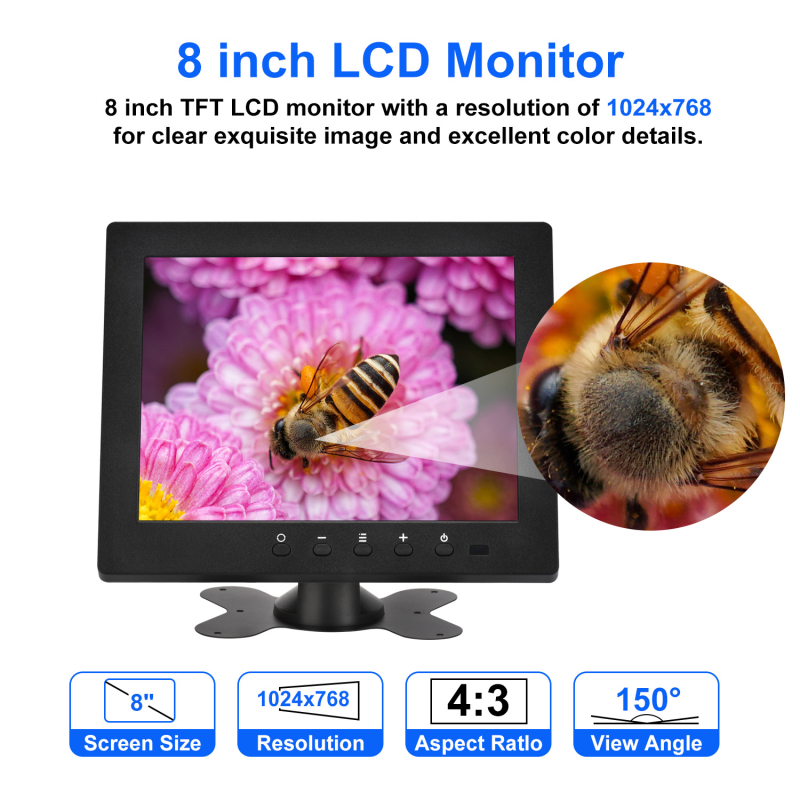 8-inčni HD LCD monitor 801B za sigurnost, industrijsko lasersko graviranje, fotografiranje i USB multimedijsko reproduciranje