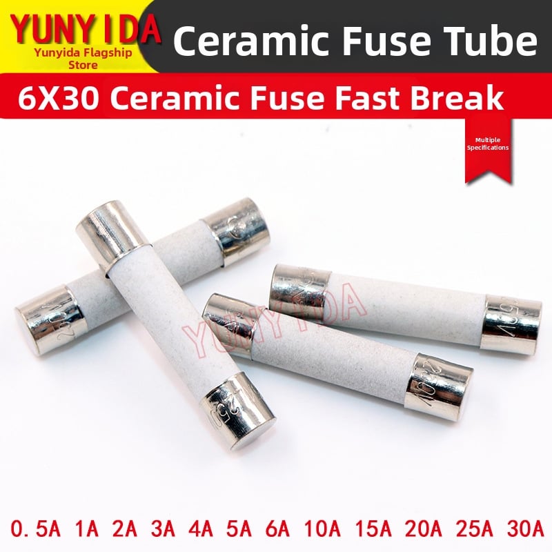 Keramická poistka 6x30 mm, rýchloúčinková, 0,5–30 A, 250 V, trubková poistka pre elektroniku a osvetlenie