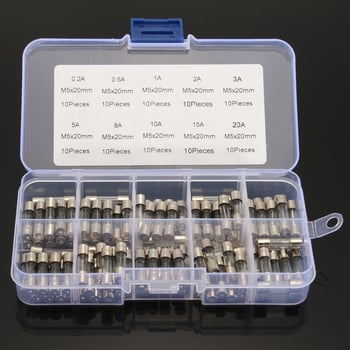Staklene osigurače 5×20 mm, 0,2–20 A, uzorci paket 100 komada, 10 vrsta po 10 komada