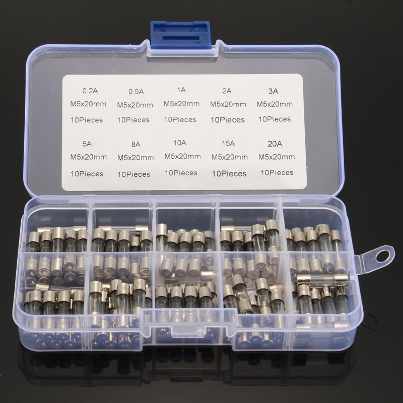 Staklene osigurače 5×20 mm, 0,2–20 A, uzorci paket 100 komada, 10 vrsta po 10 komada