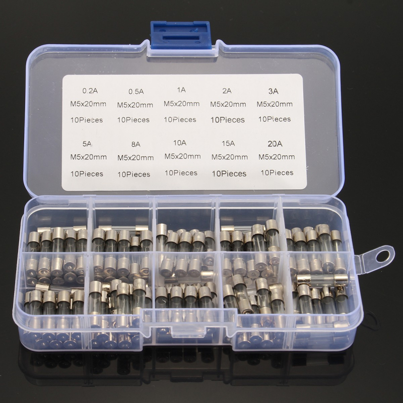 Staklene osigurače 5×20 mm, 0,2–20 A, uzorci paket 100 komada, 10 vrsta po 10 komada