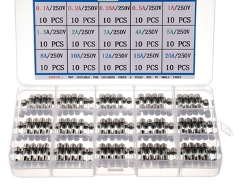 150 komada staklenih osigurača 5×20 mm, 250 V, brzo djelujući, s držačem osigurača i crvenim 22 AWG kabelom, 0,1–20 A