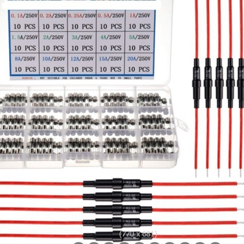 150 komada staklenih osigurača 5×20 mm, 250 V, brzo djelujući, s držačem osigurača i crvenim 22 AWG kabelom, 0,1–20 A