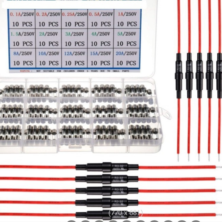 150 komada staklenih osigurača 5×20 mm, 250 V, brzo djelujući, s držačem osigurača i crvenim 22 AWG kabelom, 0,1–20 A