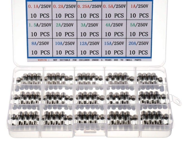 150 komada staklenih osigurača 5×20 mm, 250 V, brzo djelujući, s držačem osigurača i crvenim 22 AWG kabelom, 0,1–20 A