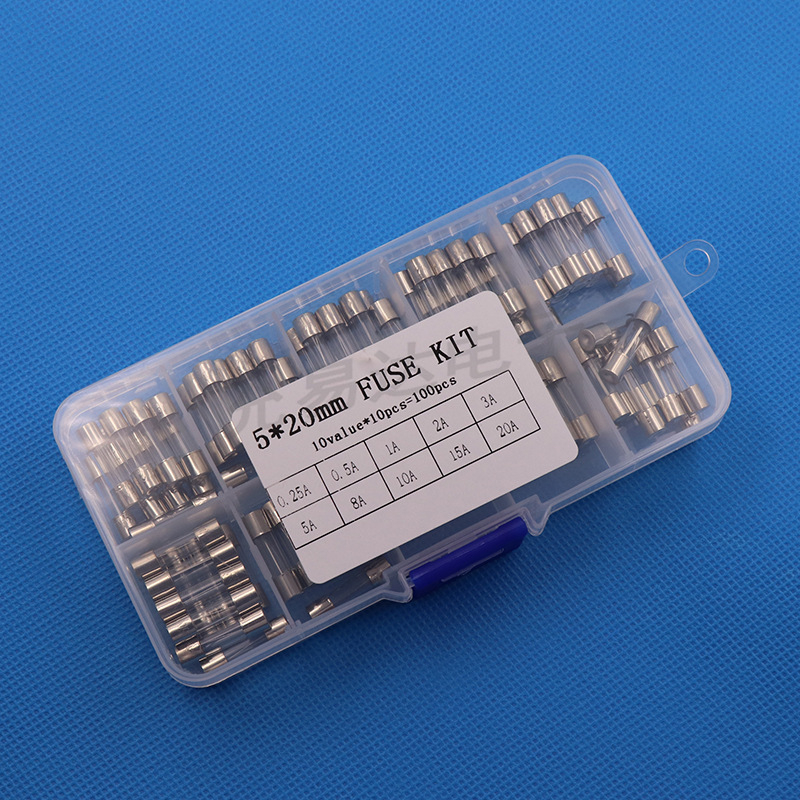 Üvegbiztosítócső 5×20 mm, 100 db, 10 típus, vegyes mintás készlet
