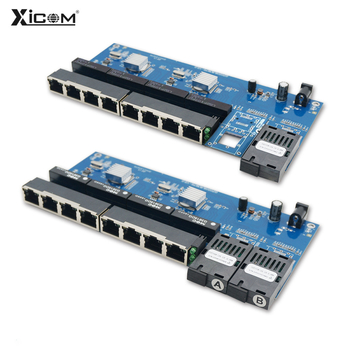 Xicom gigabitno‑optičko‑električni transiver prekidač, 2 optička priključka, 8 električnih priključaka, monomodni, jednovlakno vlakno, SC priključak, kaskadno povezivanje