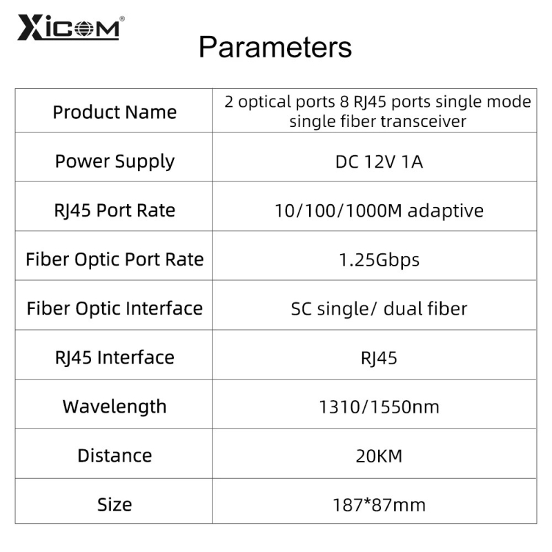 Xicom gigabitno‑optičko‑električni transiver prekidač, 2 optička priključka, 8 električnih priključaka, monomodni, jednovlakno vlakno, SC priključak, kaskadno povezivanje