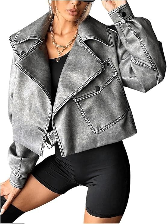 Ženska PU kožna jakna, širokog kroja, kratka, motociklistički stil, casual jakna