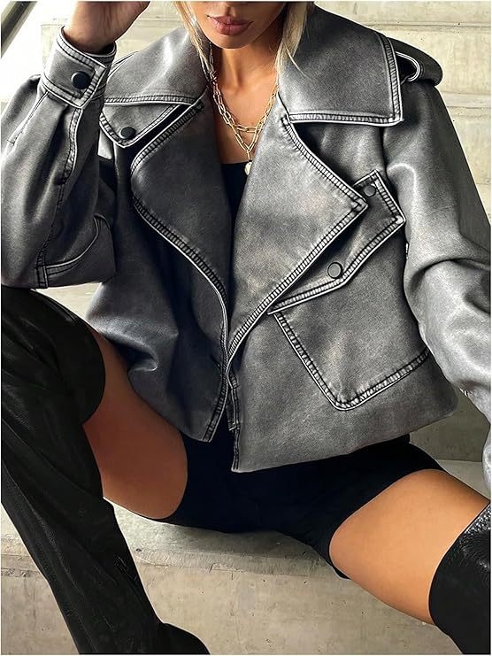 Ženska PU kožna jakna, širokog kroja, kratka, motociklistički stil, casual jakna