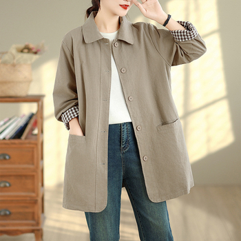 Női közepes hosszúságú pamut trench-coat, 2025 ősz, retro stílus, egyszínű, egyenes vonal, álló gallér