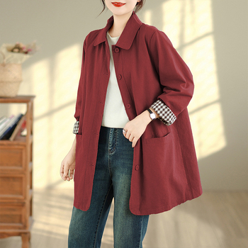 Női közepes hosszúságú pamut trench-coat, 2025 ősz, retro stílus, egyszínű, egyenes vonal, álló gallér