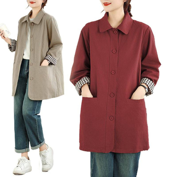 Női közepes hosszúságú pamut trench-coat, 2025 ősz, retro stílus, egyszínű, egyenes vonal, álló gallér