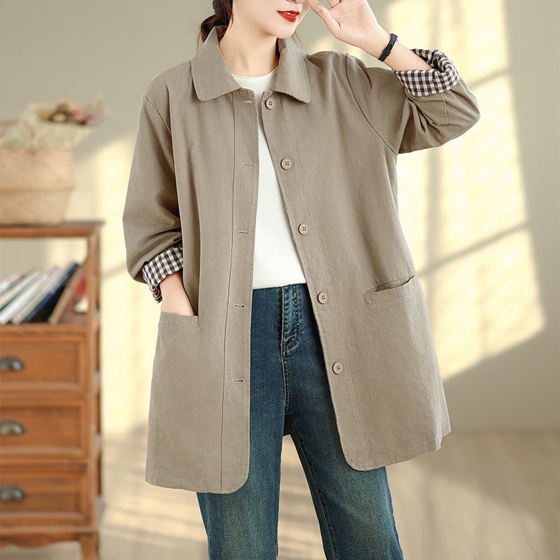 Női közepes hosszúságú pamut trench-coat, 2025 ősz, retro stílus, egyszínű, egyenes vonal, álló gallér