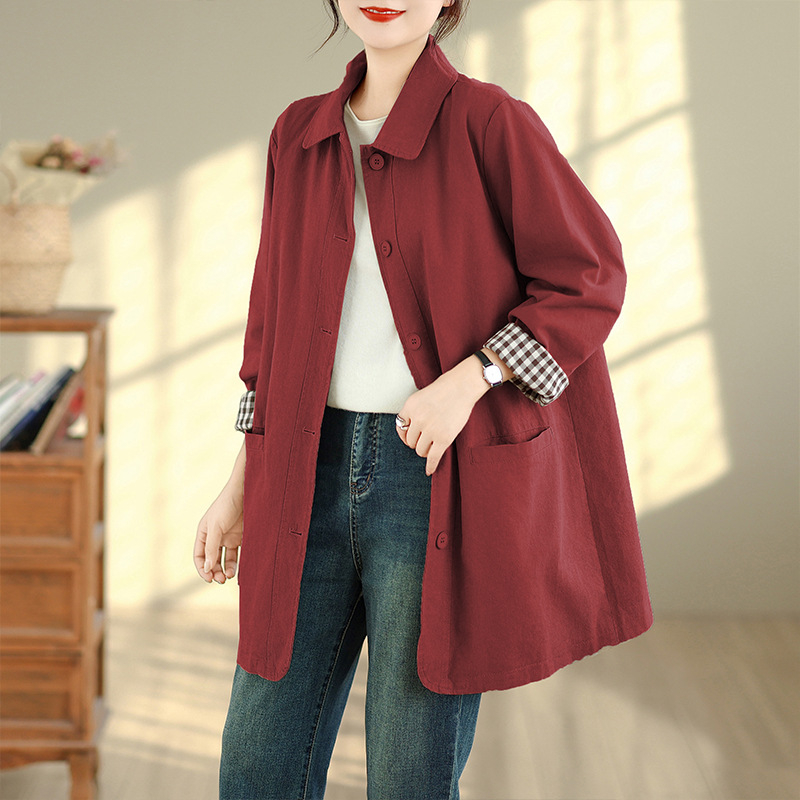 Női közepes hosszúságú pamut trench-coat, 2025 ősz, retro stílus, egyszínű, egyenes vonal, álló gallér