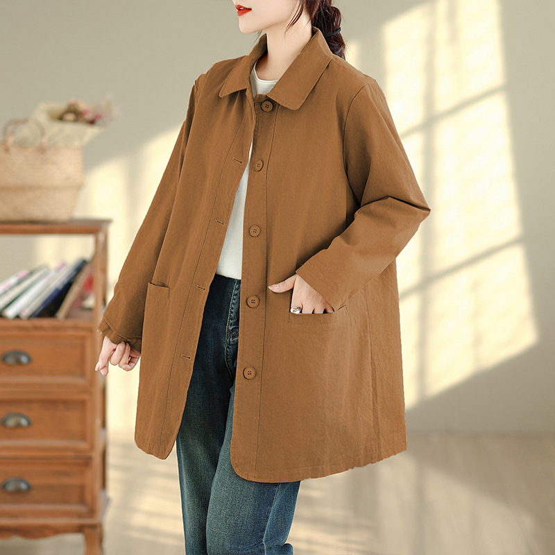 Női közepes hosszúságú pamut trench-coat, 2025 ősz, retro stílus, egyszínű, egyenes vonal, álló gallér