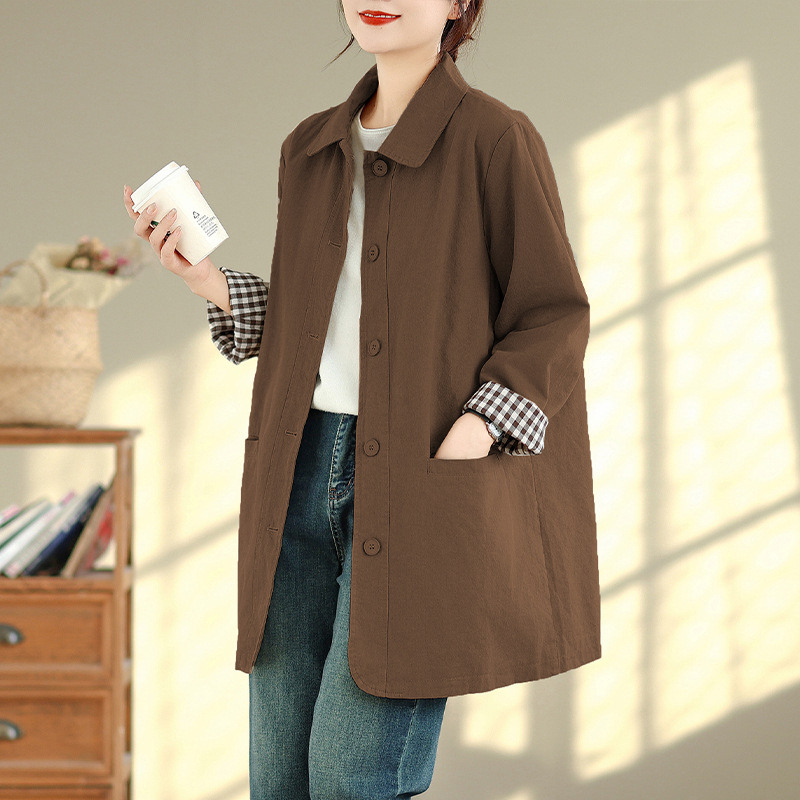 Női közepes hosszúságú pamut trench-coat, 2025 ősz, retro stílus, egyszínű, egyenes vonal, álló gallér