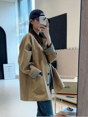 Ženska windbreaker jakna u korejskom stilu s kontrastnim bojama, srednje duljine, jednodijelno kopčanje, opušten kroj, 2025 proljeće jesen