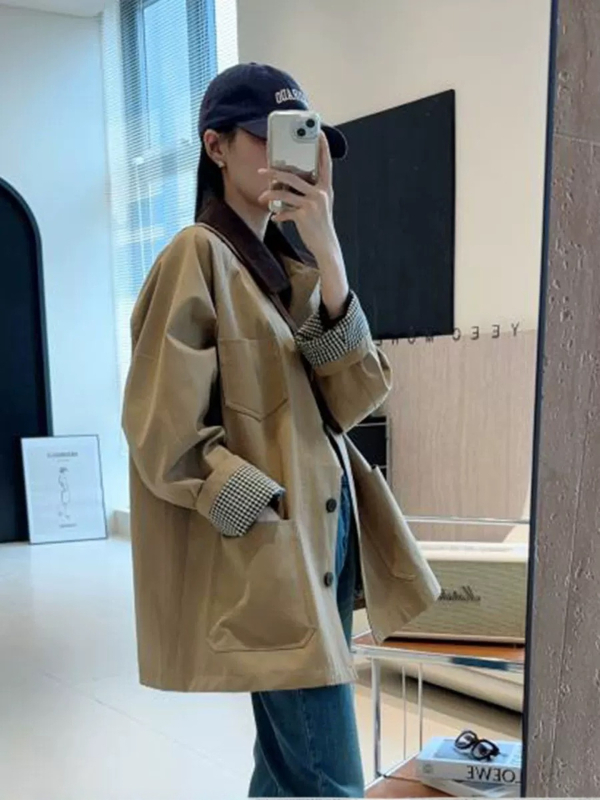 Ženska windbreaker jakna u korejskom stilu s kontrastnim bojama, srednje duljine, jednodijelno kopčanje, opušten kroj, 2025 proljeće jesen