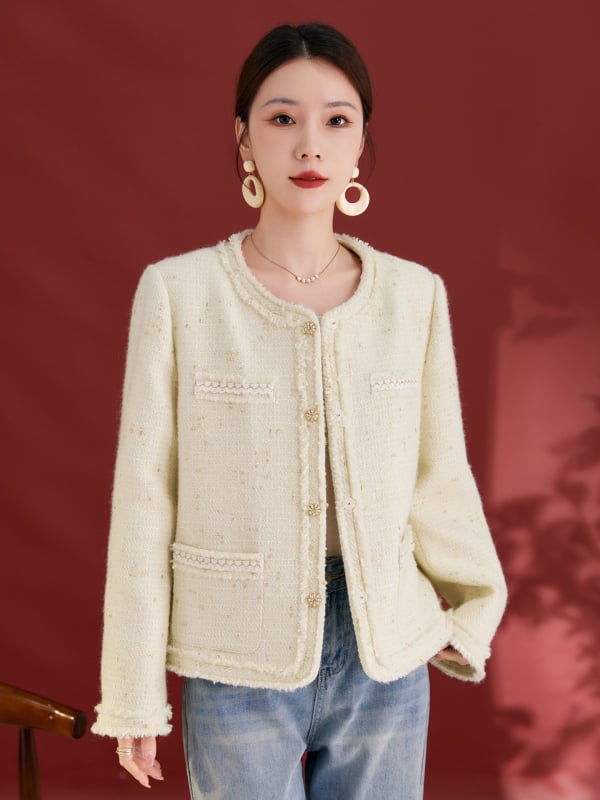 Francuski stil, Chanel inspirirano kratko sako, 2025 jesen-zima, visokokvalitetno, slim-fit, bijela ženska odjeća 1207
