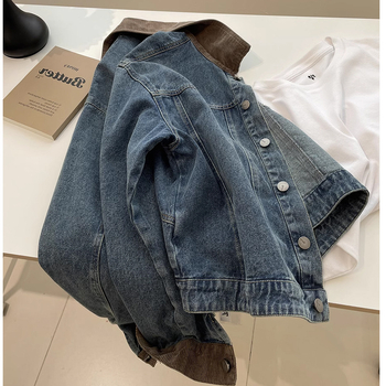 Ženska kratka denim jakna s corduroy panelom, retro stil, slobodan kroj, rana proljeće