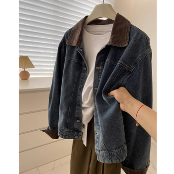 Ženska kratka denim jakna s corduroy panelom, retro stil, slobodan kroj, rana proljeće