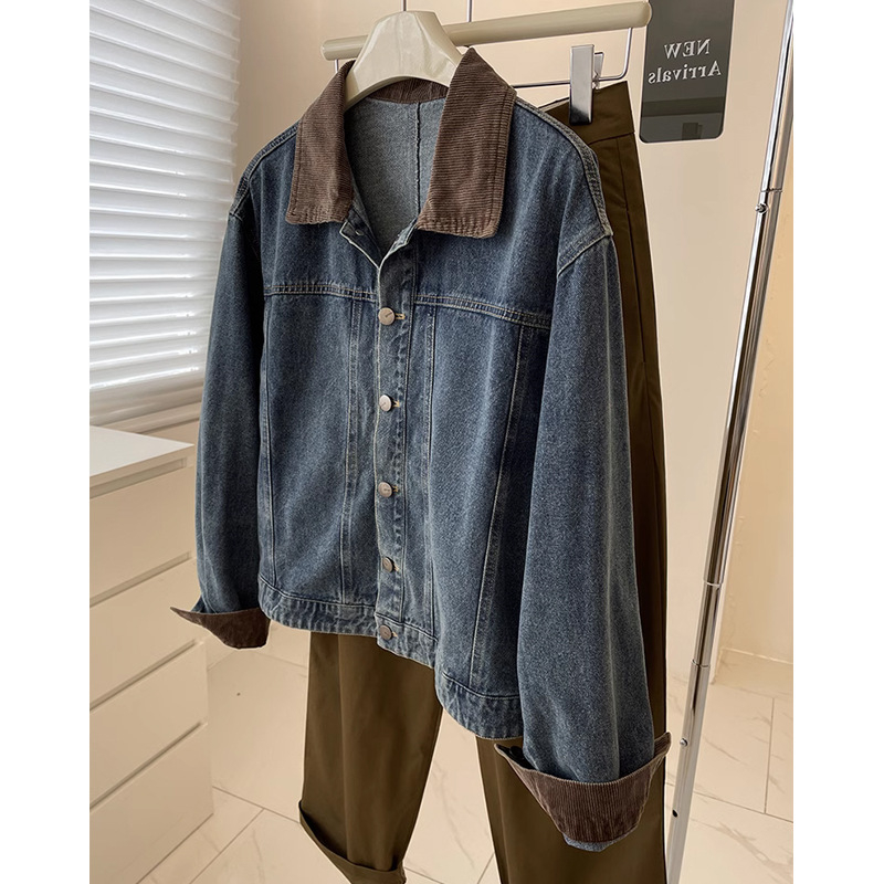 Ženska kratka denim jakna s corduroy panelom, retro stil, slobodan kroj, rana proljeće