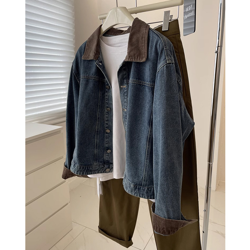 Ženska kratka denim jakna s corduroy panelom, retro stil, slobodan kroj, rana proljeće