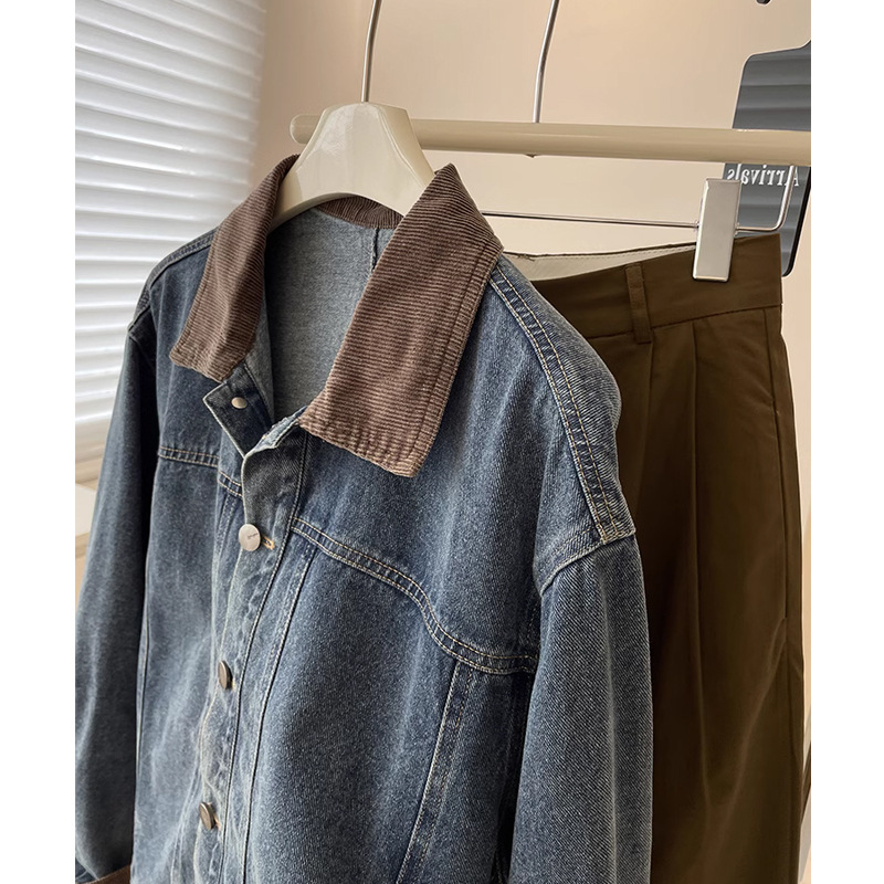 Ženska kratka denim jakna s corduroy panelom, retro stil, slobodan kroj, rana proljeće