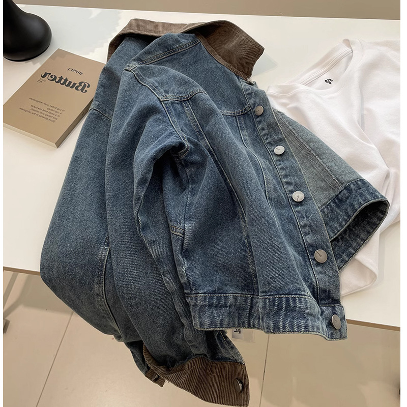 Ženska kratka denim jakna s corduroy panelom, retro stil, slobodan kroj, rana proljeće